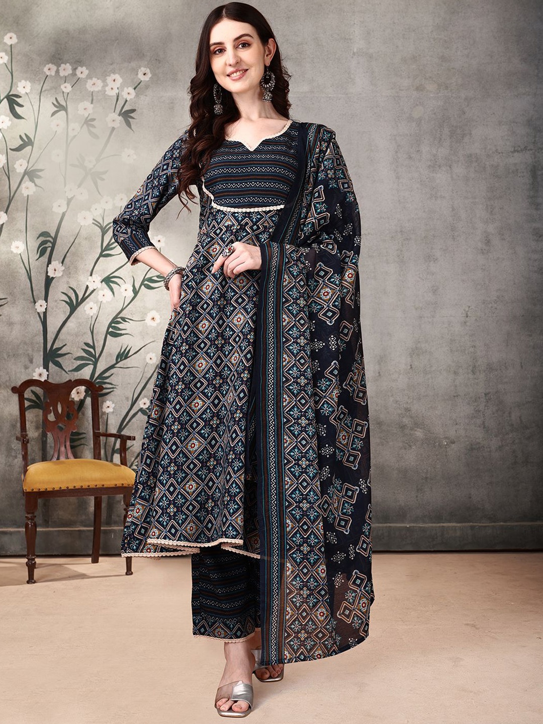 

KALINI Geometric Printed Notch Neck Anarkali Kurta With Trousers & Dupatta, Blue