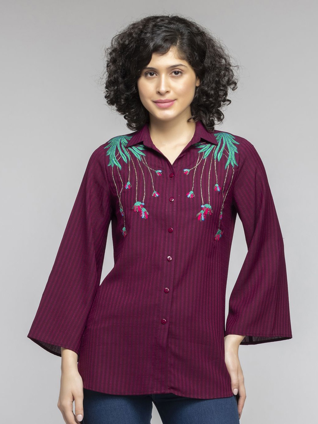 

SHAYE Women Floral Embroidered Flared Sleeve Shirt Style Top, Maroon