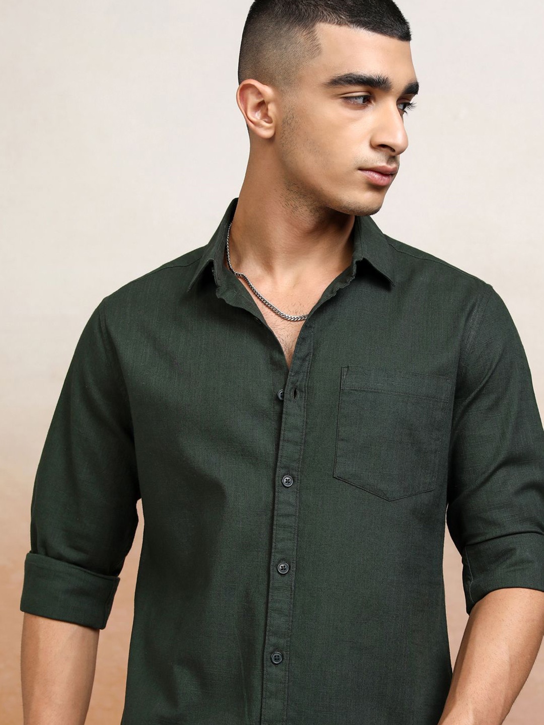 

Ketch Men Cotton Linen Solid Casual Shirt, Green