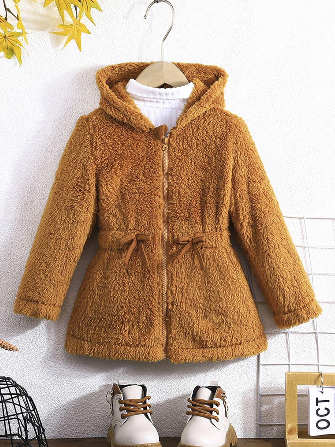 

INCLUD Girls Hooded Self Design Casual Parka Jacket, Brown