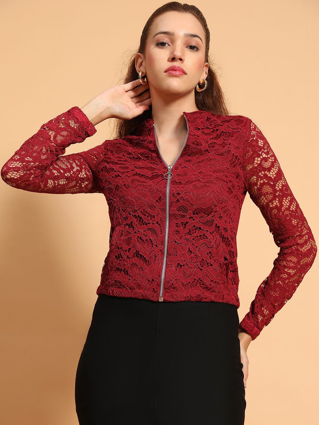 

Oxolloxo Women Mandarin Collar Self Design Casual Tailored Jacket, Maroon