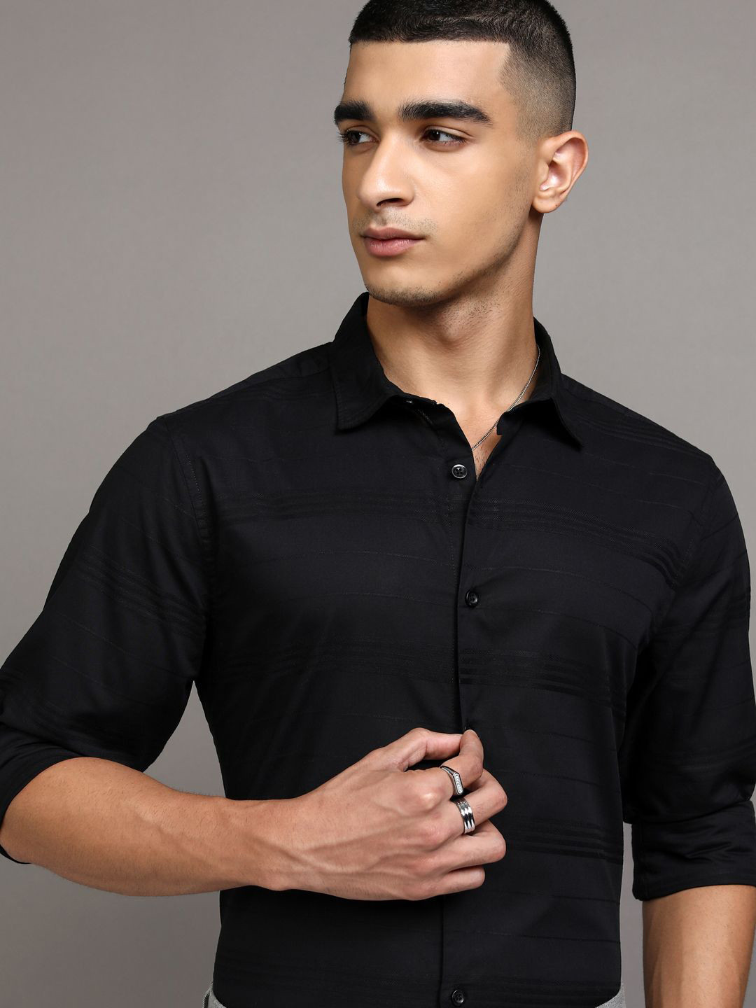 

Highlander Men Dobby Textured Striped Casual Shirt, Black