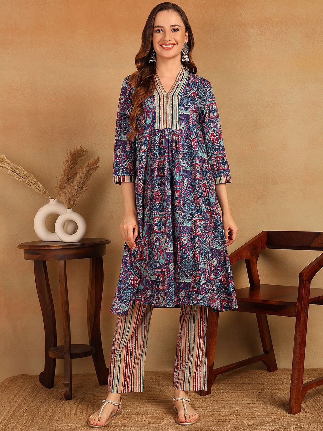 

KALINI Ethnic Motifs Yoke Design Pure Cotton Kurta With Trousers, Blue