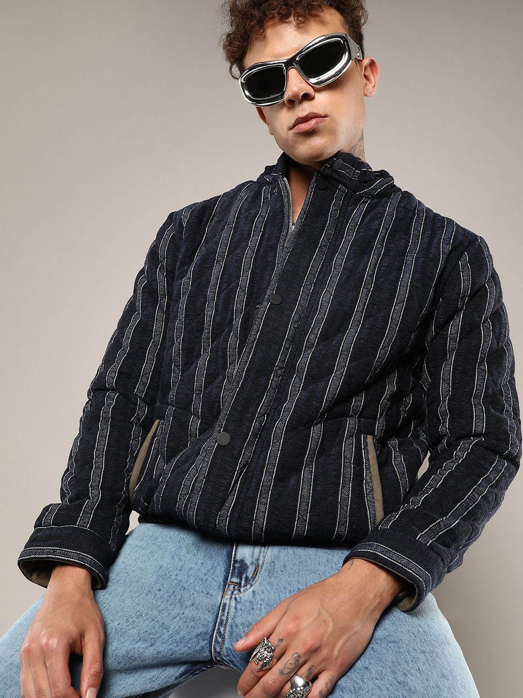 

Campus Sutra Men Mock Collar Striped Cotton Casual Denim Jacket, Navy blue