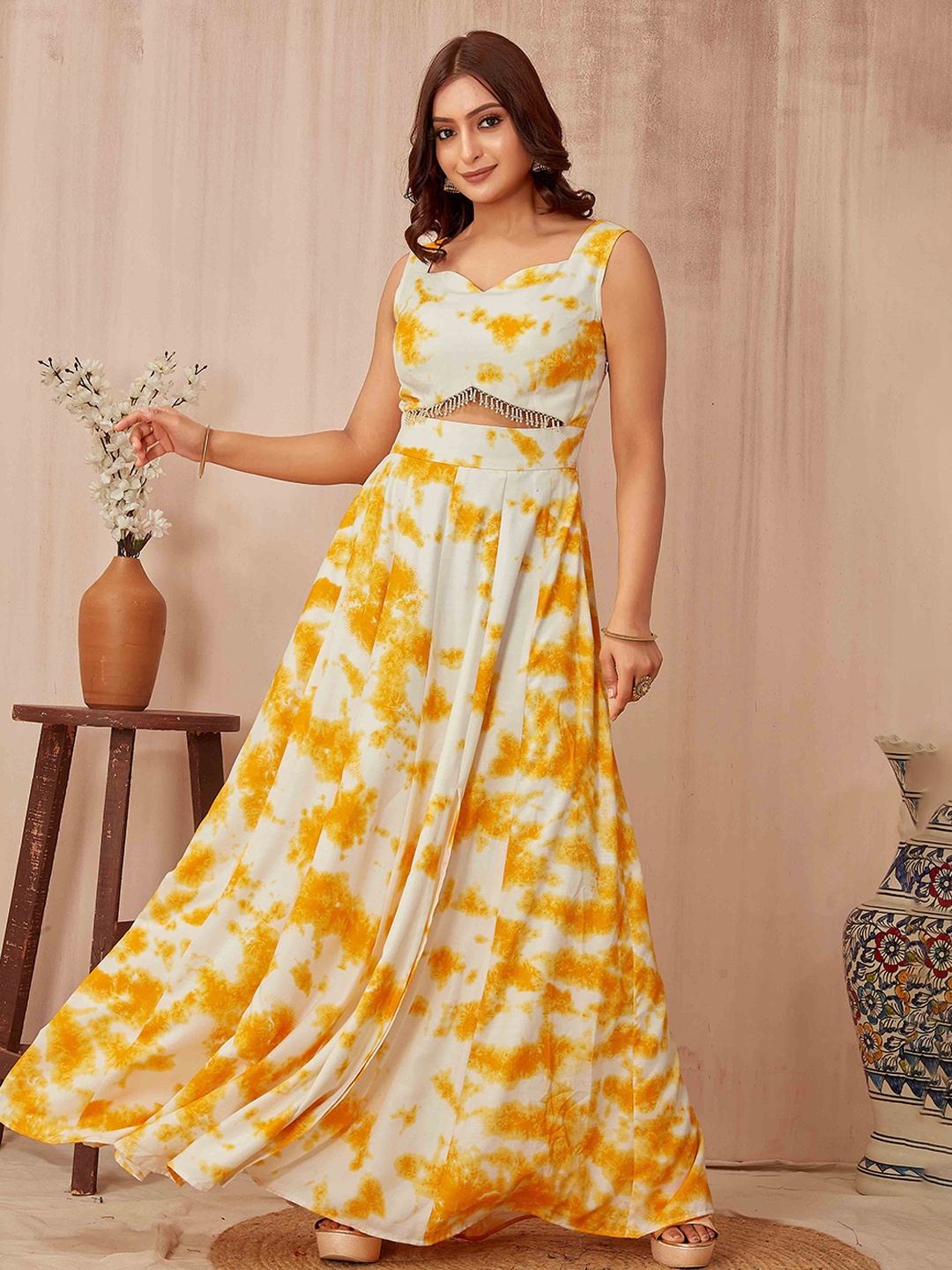 

Chandbaali Women Tie and Dye Printed Fit and Flare Dress, Yellow
