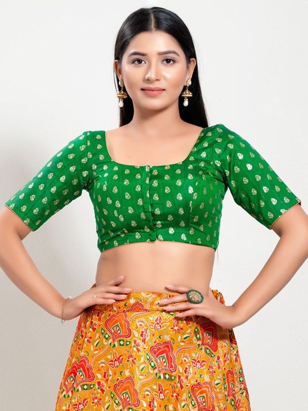 

Mmore Women Woven Design Saree Blouse, Green