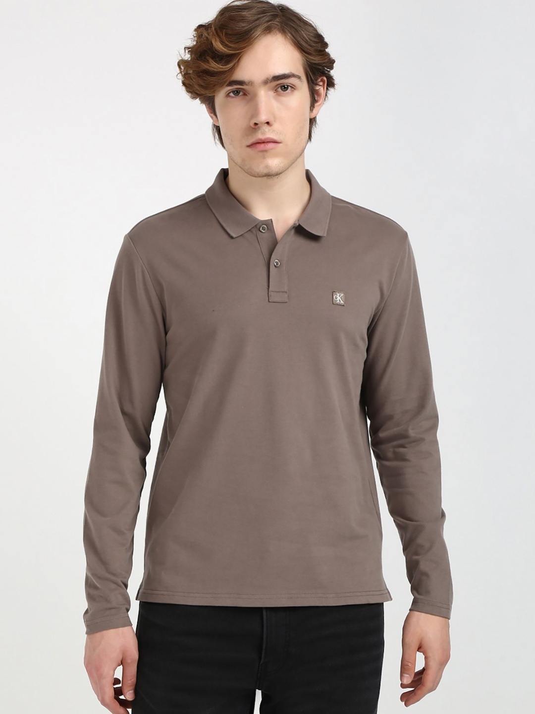 

Calvin Klein Jeans Men Solid Polo Collar Cotton T-shirt, Grey