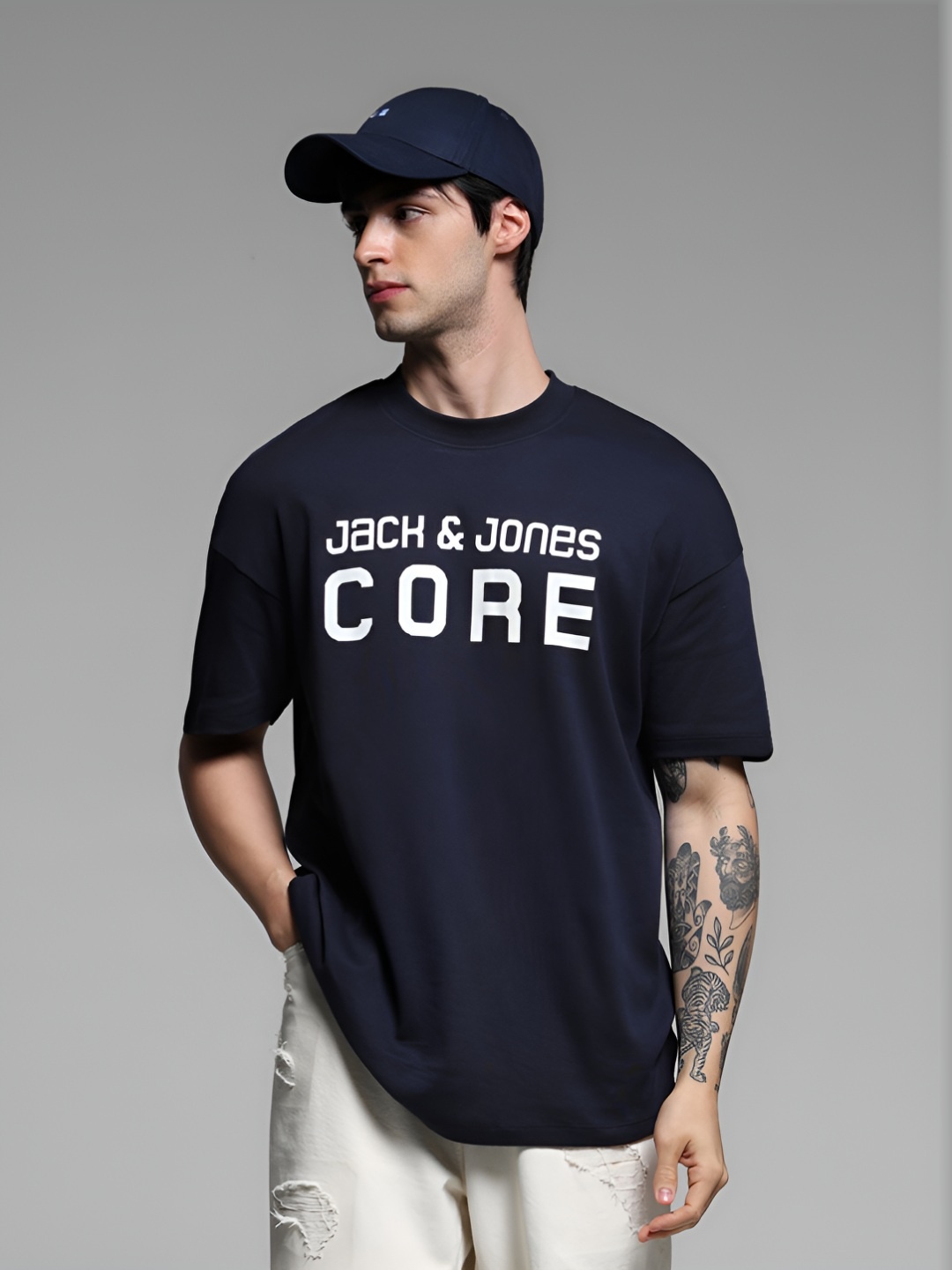 

Jack & Jones Men Typography Printed Round Neck Cotton Oversized T-shirt, Navy blue