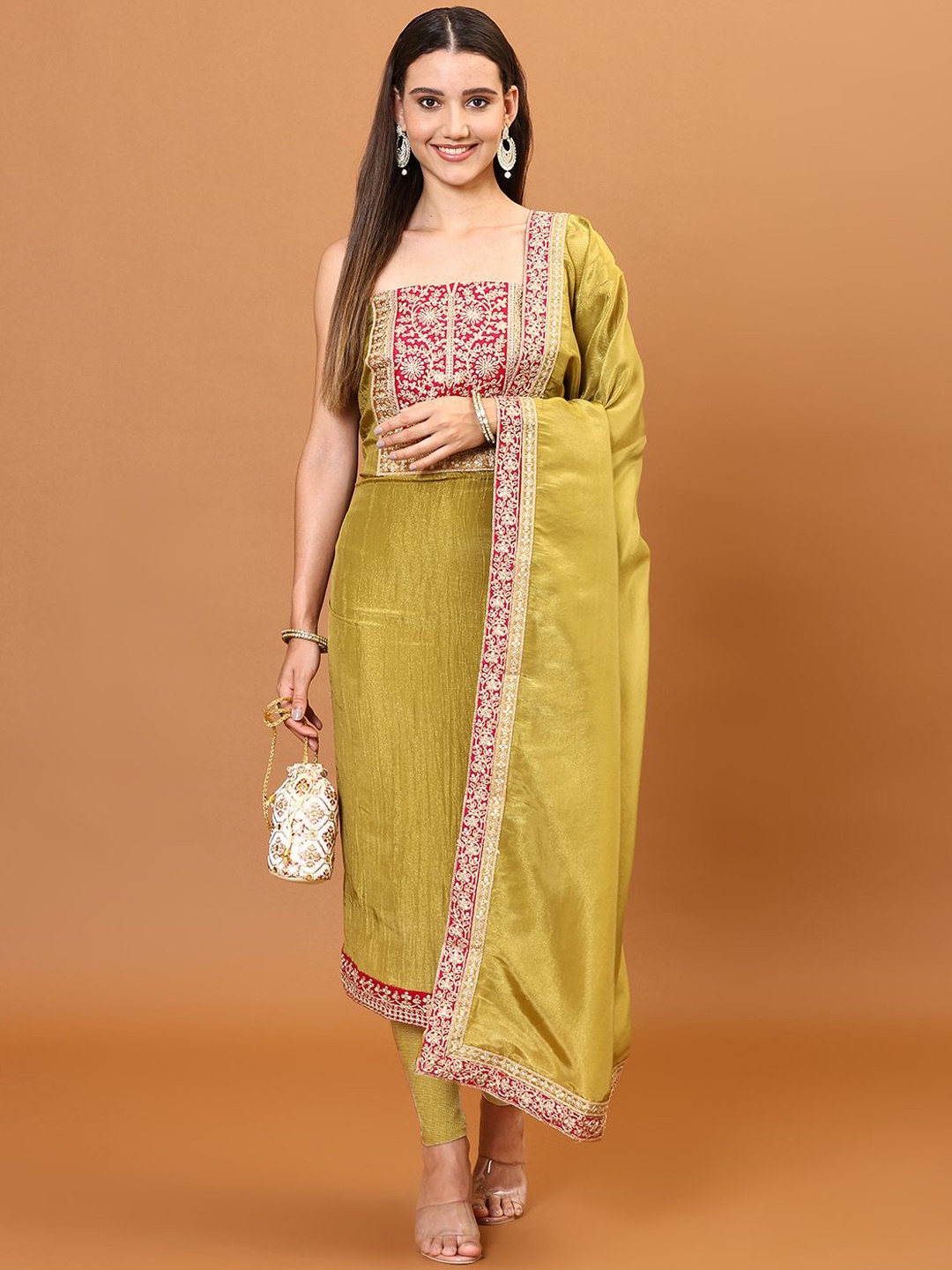 

Meena Bazaar Embroidered Zari Tissue Unstitched Dress Material, Green