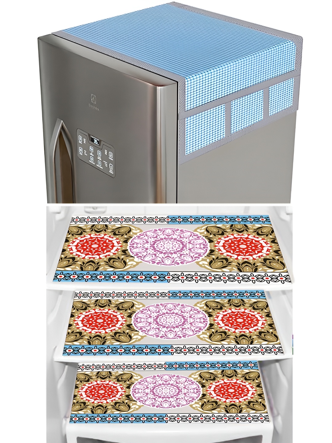 

LooMantha 4-Pcs Orange & Blue Printed Fridge Top Cover & Fridge Mats