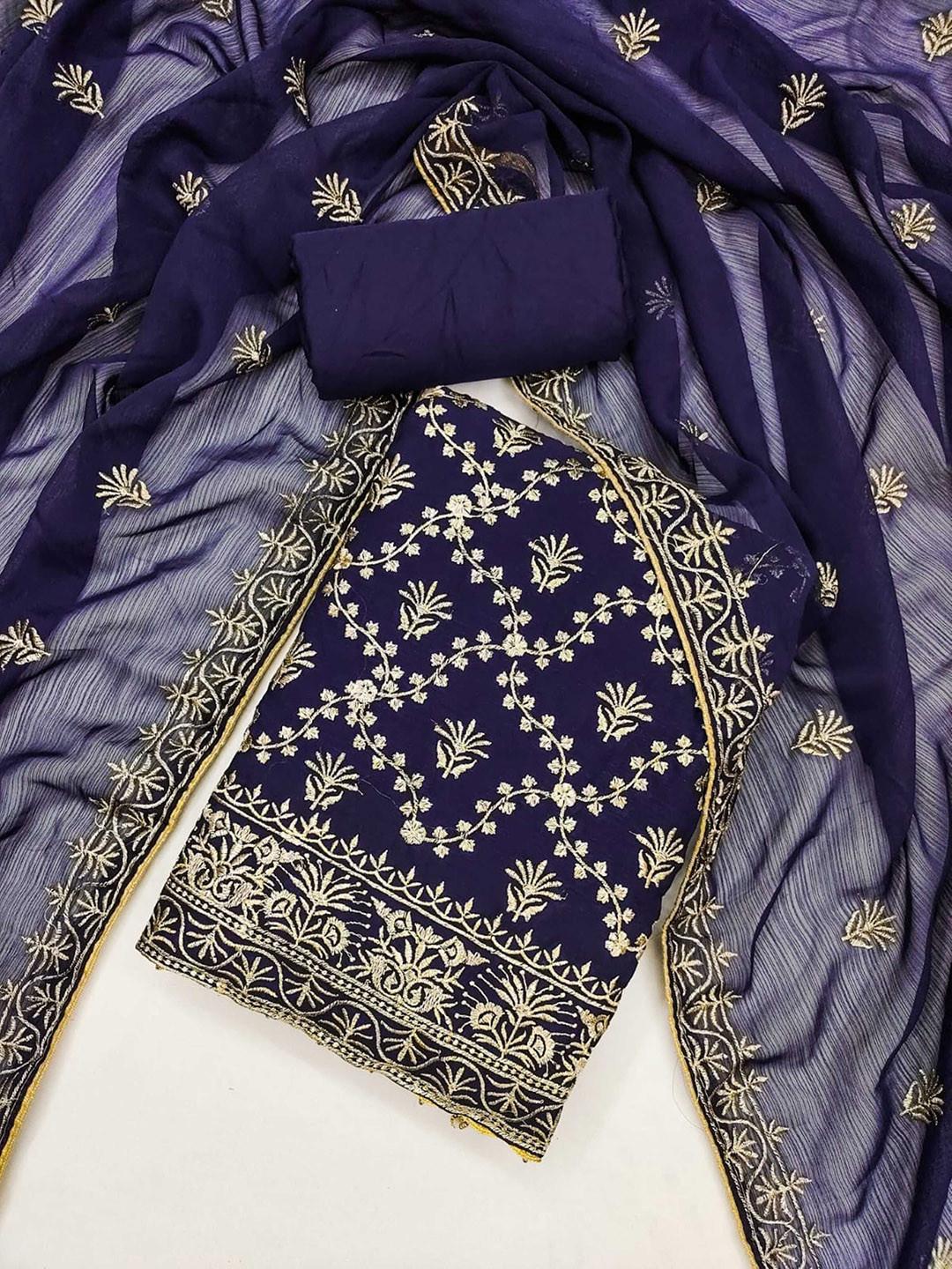 

Panzora Floral Embroidered Thread Work Unstitched Dress Material, Navy blue