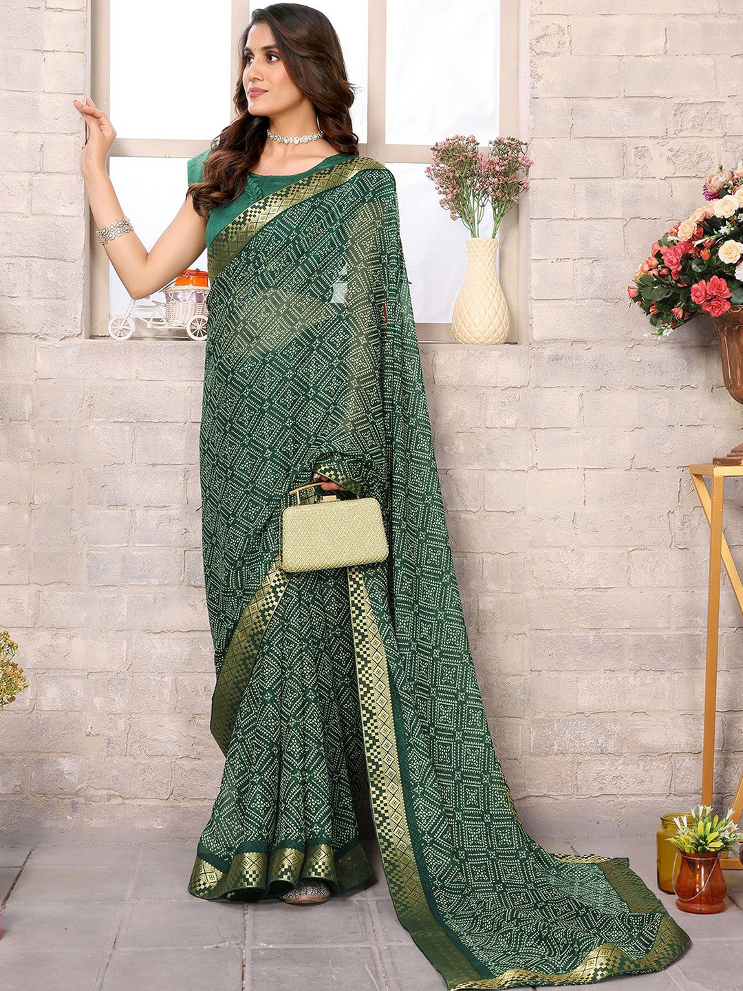 

KALINI Leheriya Printed Designer Leheriya Saree, Green