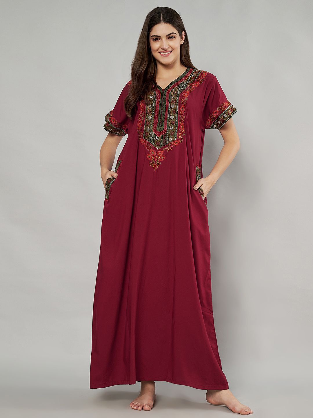 

KOI SLEEPWEAR Women Embroidered Maxi Nightdress, Maroon