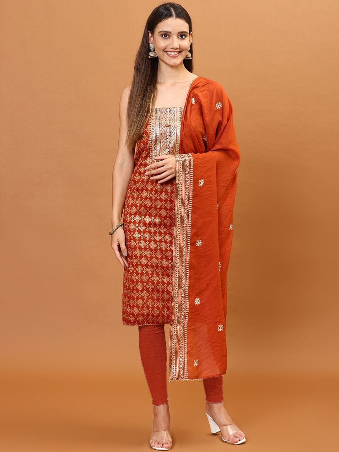 

Meena Bazaar Printed Sequinned Unstitched Dress Material, Rust