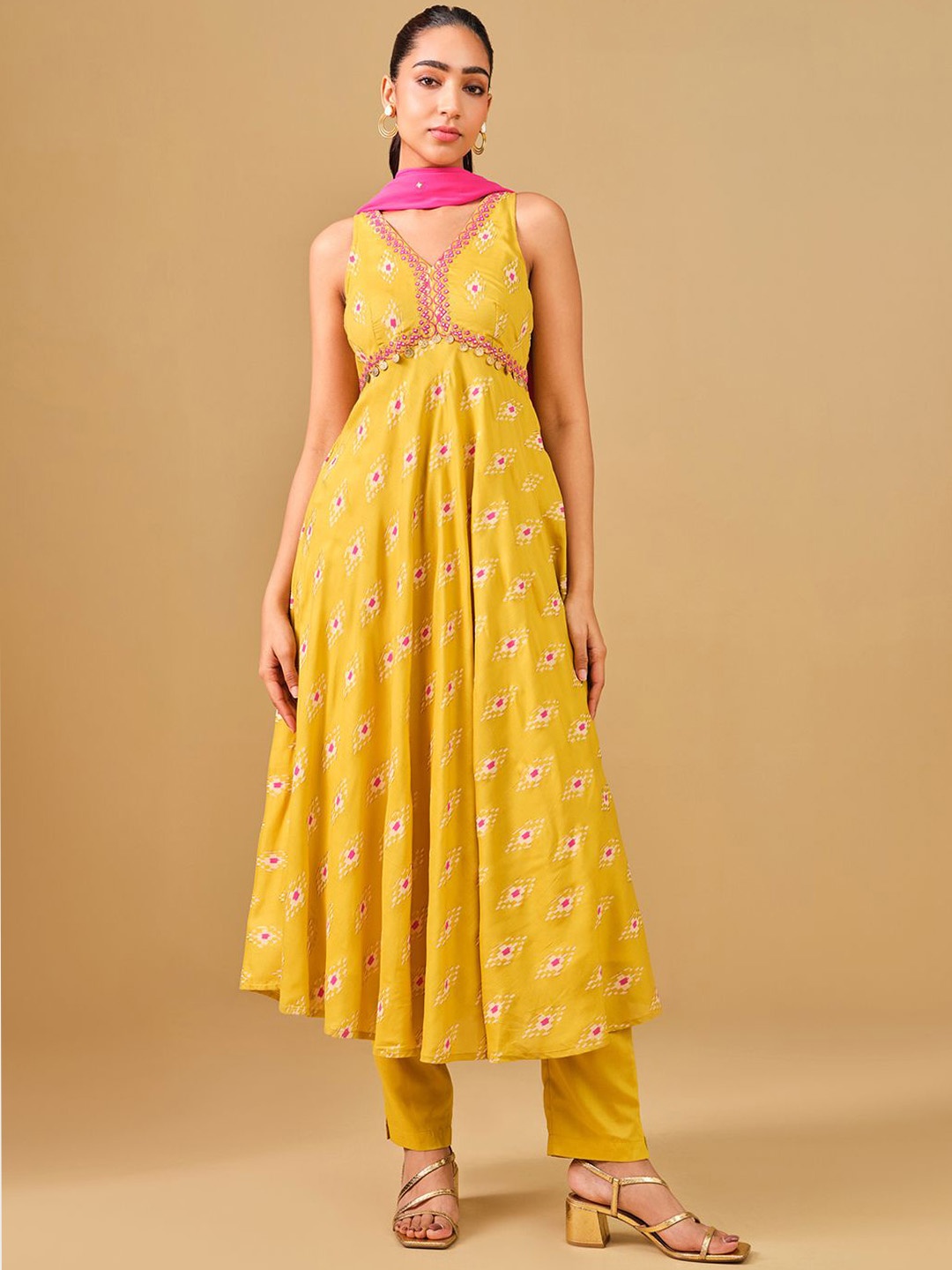 

Global Desi Ethnic Motifs Printed Mirror Work Anarkali Kurta with Trousers & Dupatta, Mustard