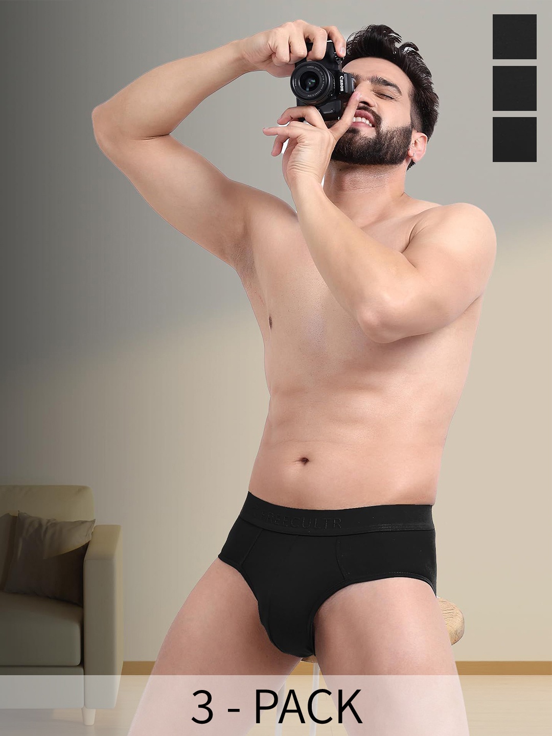 

FREECULTR Men Pack Of 3 Anti Bacterial Micromodal Brief, Black
