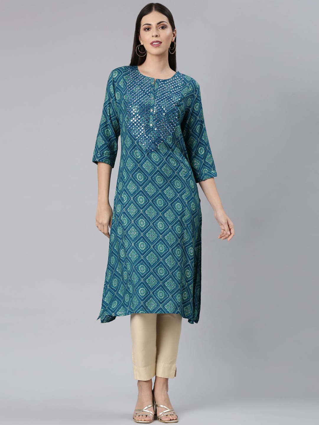 

Neerus Ethnic Motifs Embellished Straight Kurta, Blue