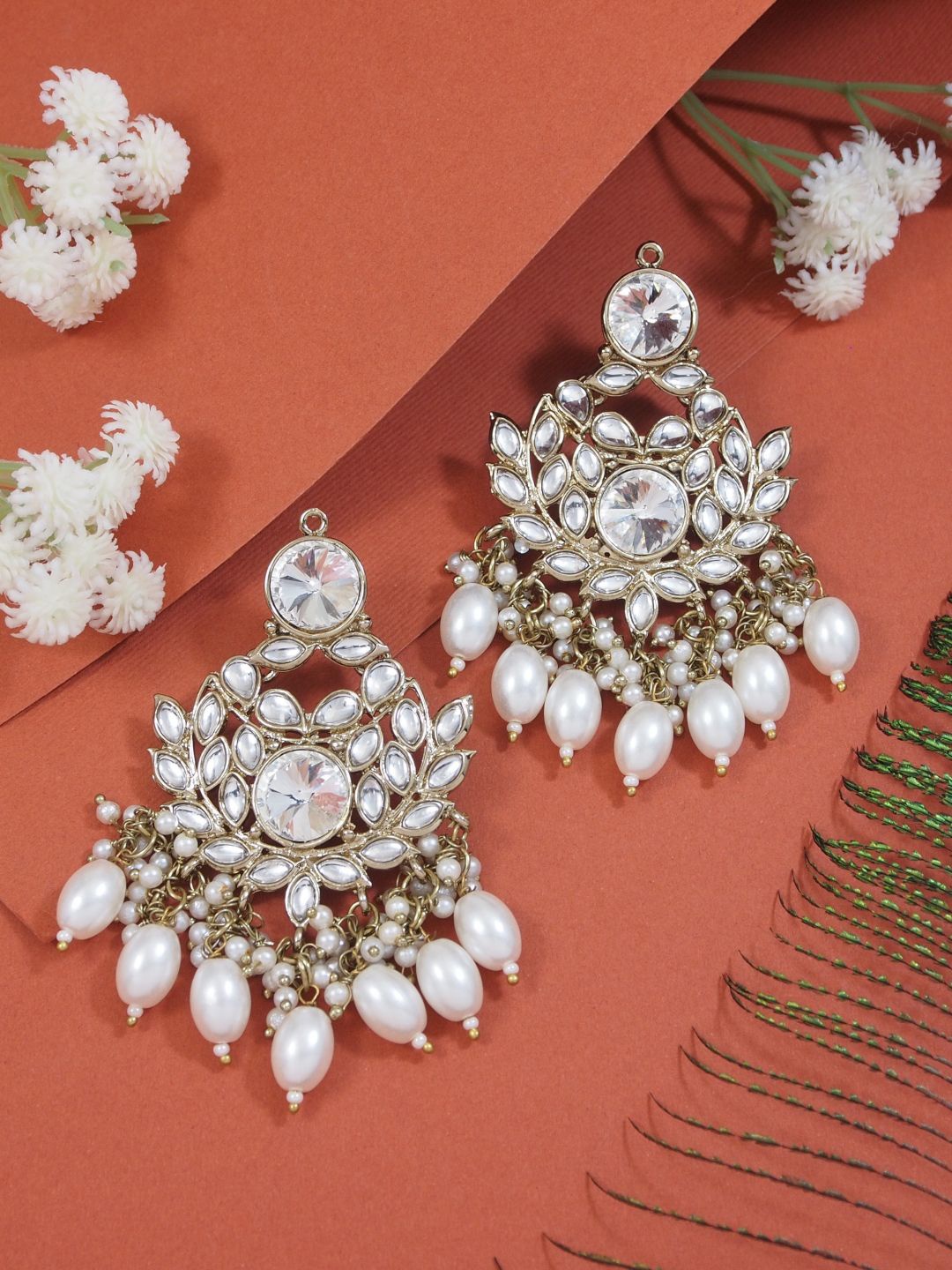 

I Jewels Gold-Plated Contemporary Chandbalis Kundan Stud Earrings, White