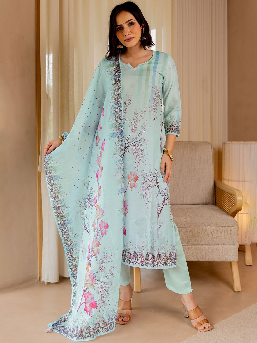 

KALINI Floral Printed Nothced Neck Straight Kurta with Trousers & With Dupatta, Blue