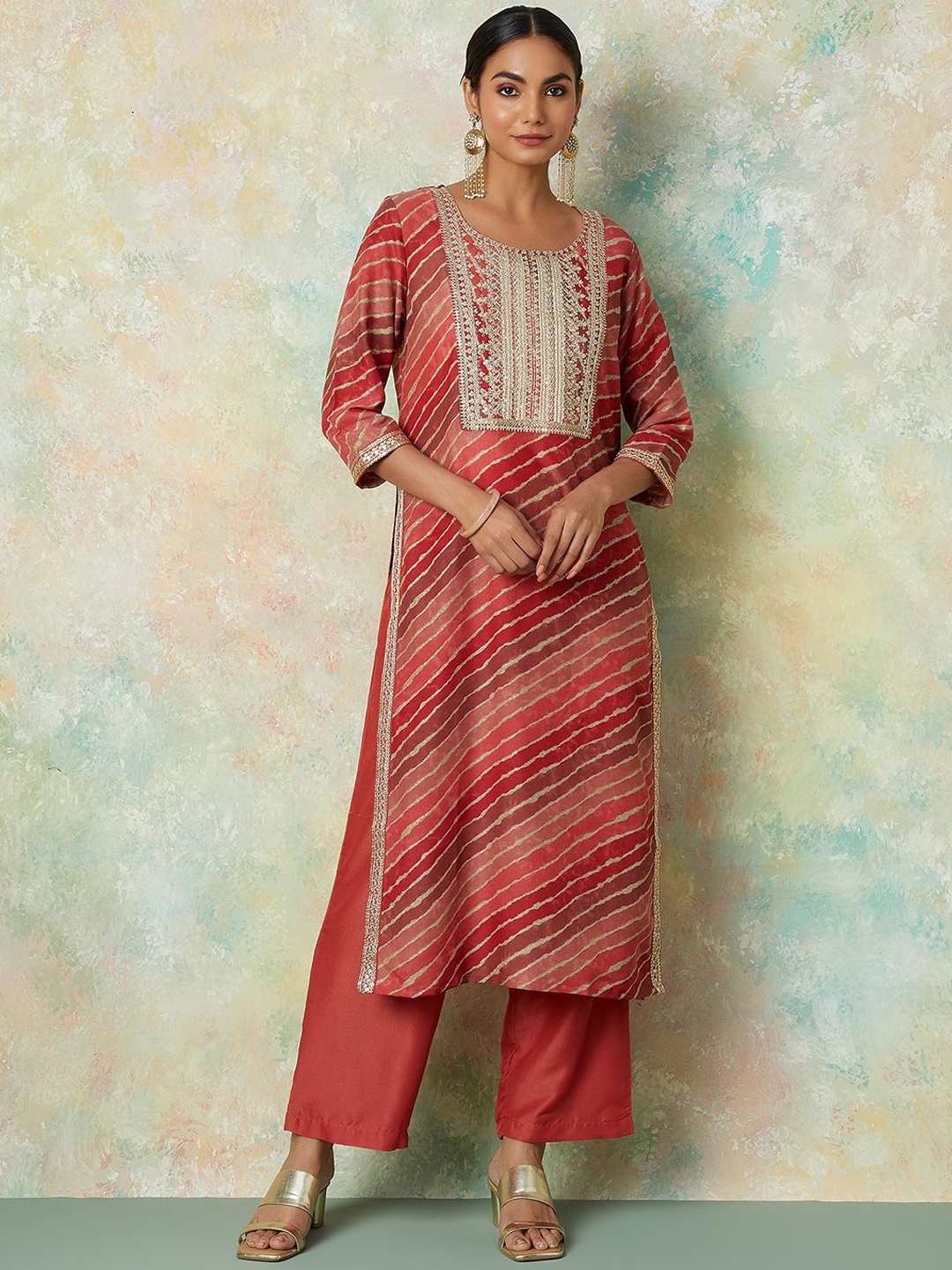 

Melange by Lifestyle Women Ethnic Motifs Embroidered Regular Thread Work Kurta with Pyjamas & With Dupatta, Rust