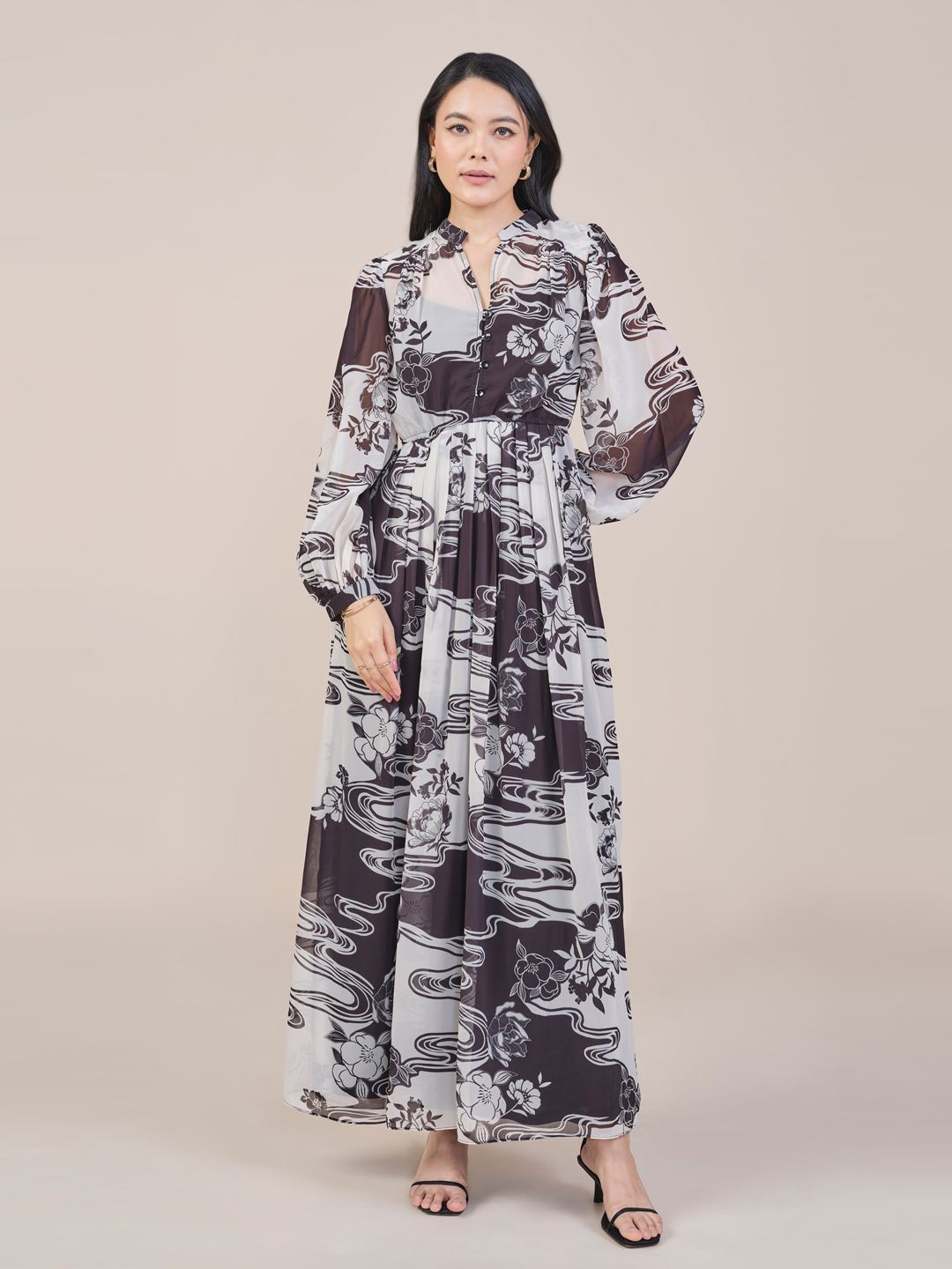 

AND Women Mandarin Collar Floral Printed Maxi Dress, Grey