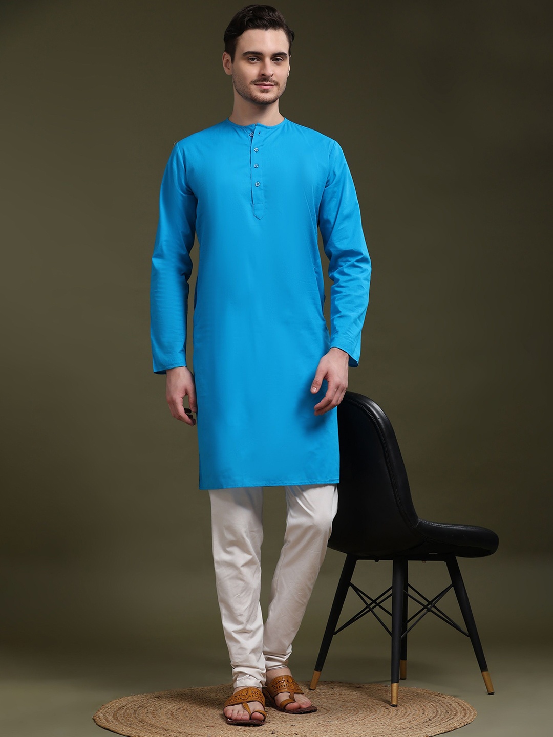 

SKAVIJ Round Neck Long Sleeves Pure Cotton Straight Kurta with Pyjamas, Blue