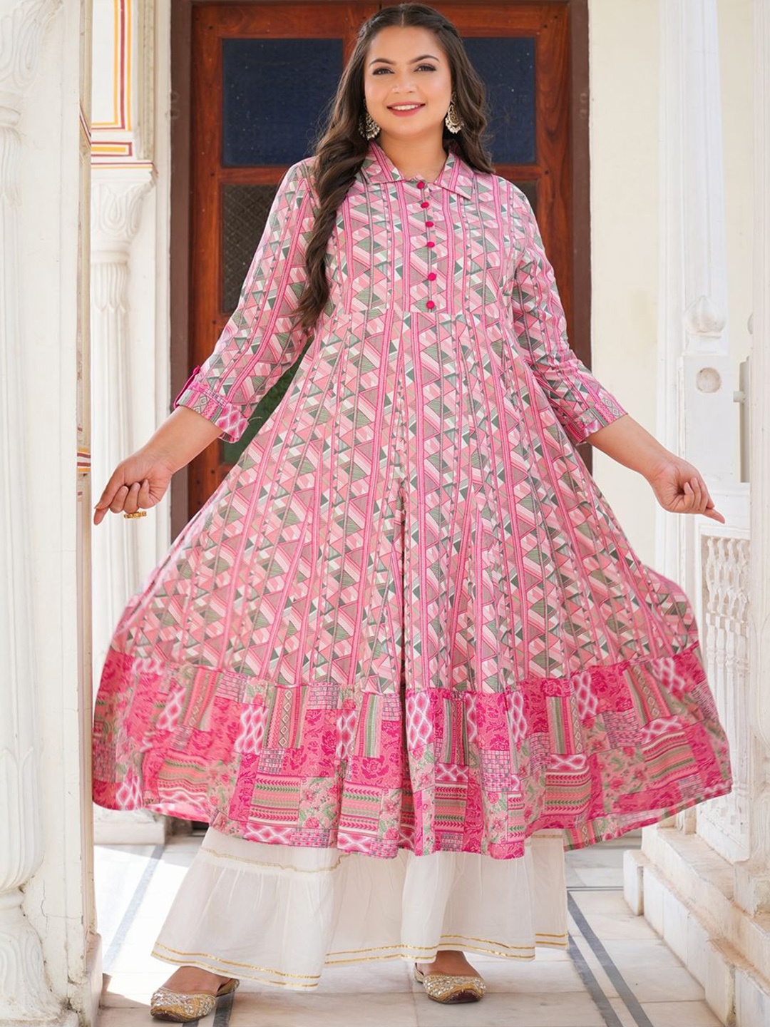 

YASH GALLERY Plus Size Geometric Printed Three-Quarter Sleeves Shirt Collar Anarkali Kurta, Pink