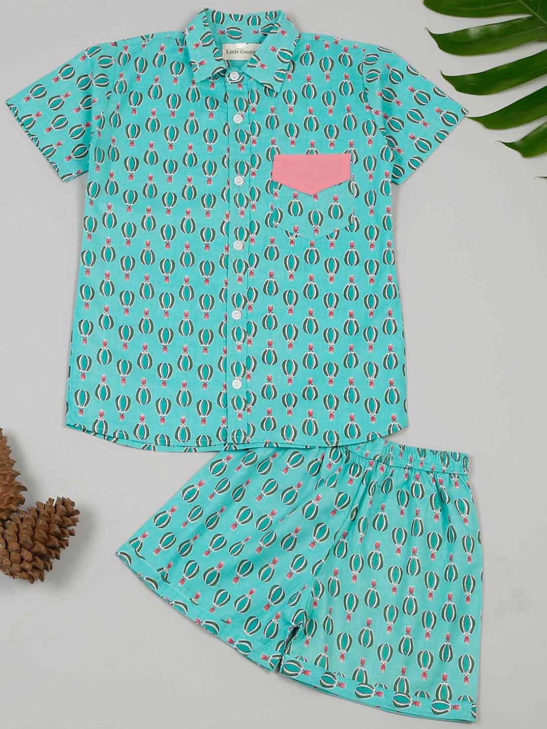 

LITTLE GINNIE Boys Printed Pure Cotton Shirt with Shorts, Blue