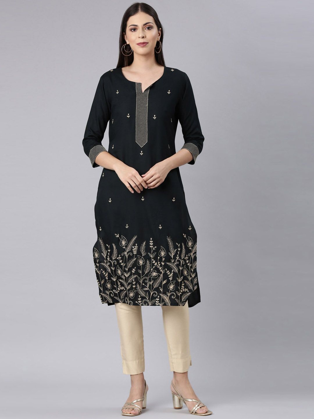 

Neerus Floral Embroidered Thread Work Straight Kurta, Black