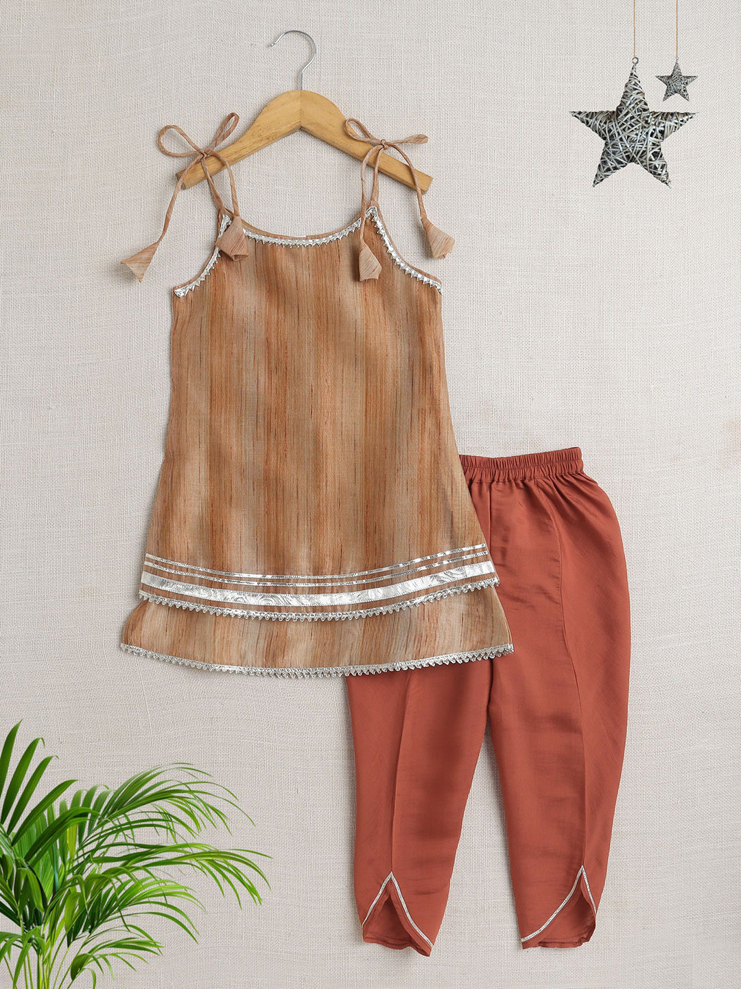 

The Magic Wand Girls Striped Gotta Patti A Line Kurta with Salwar, Brown