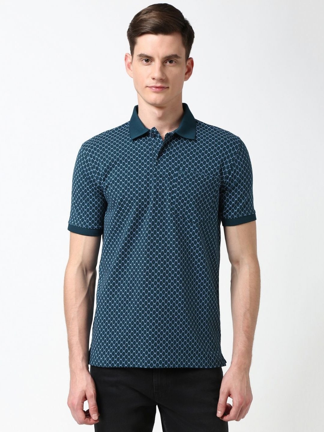 

Peter England Men Geometric Printed Polo Collar Cotton T-shirt, Navy blue