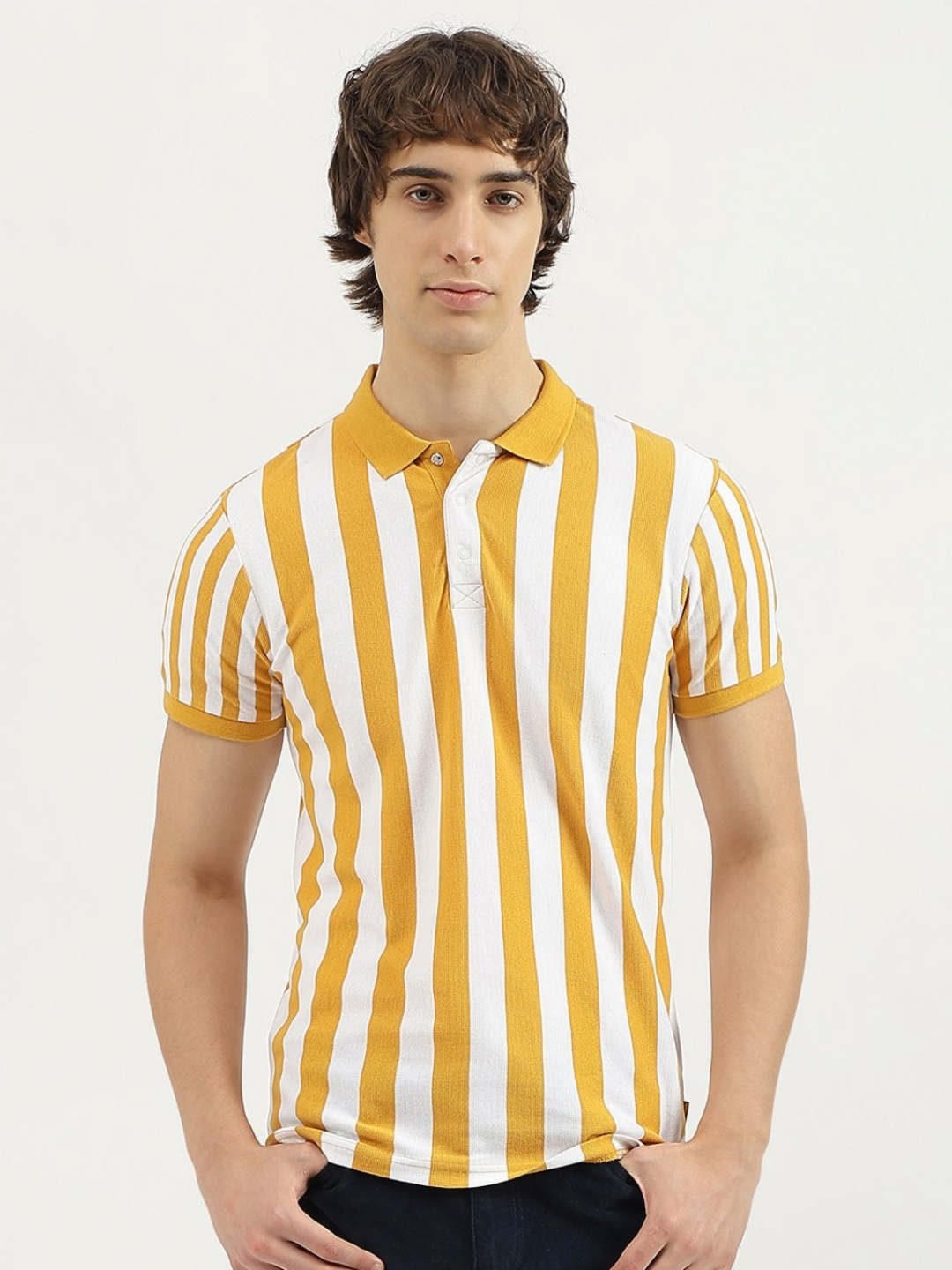 

United Colors of Benetton Men Striped Polo Collar Pure Cotton T-shirt, Yellow