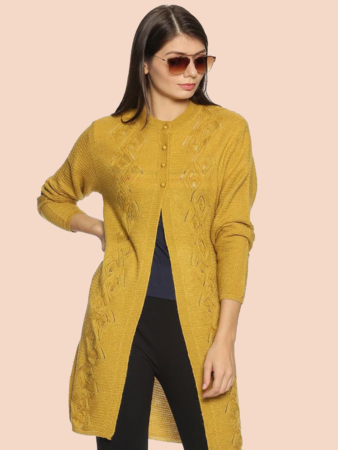 

CLAPTON Self Design Round Neck Woollen Longline Cardigan, Gold