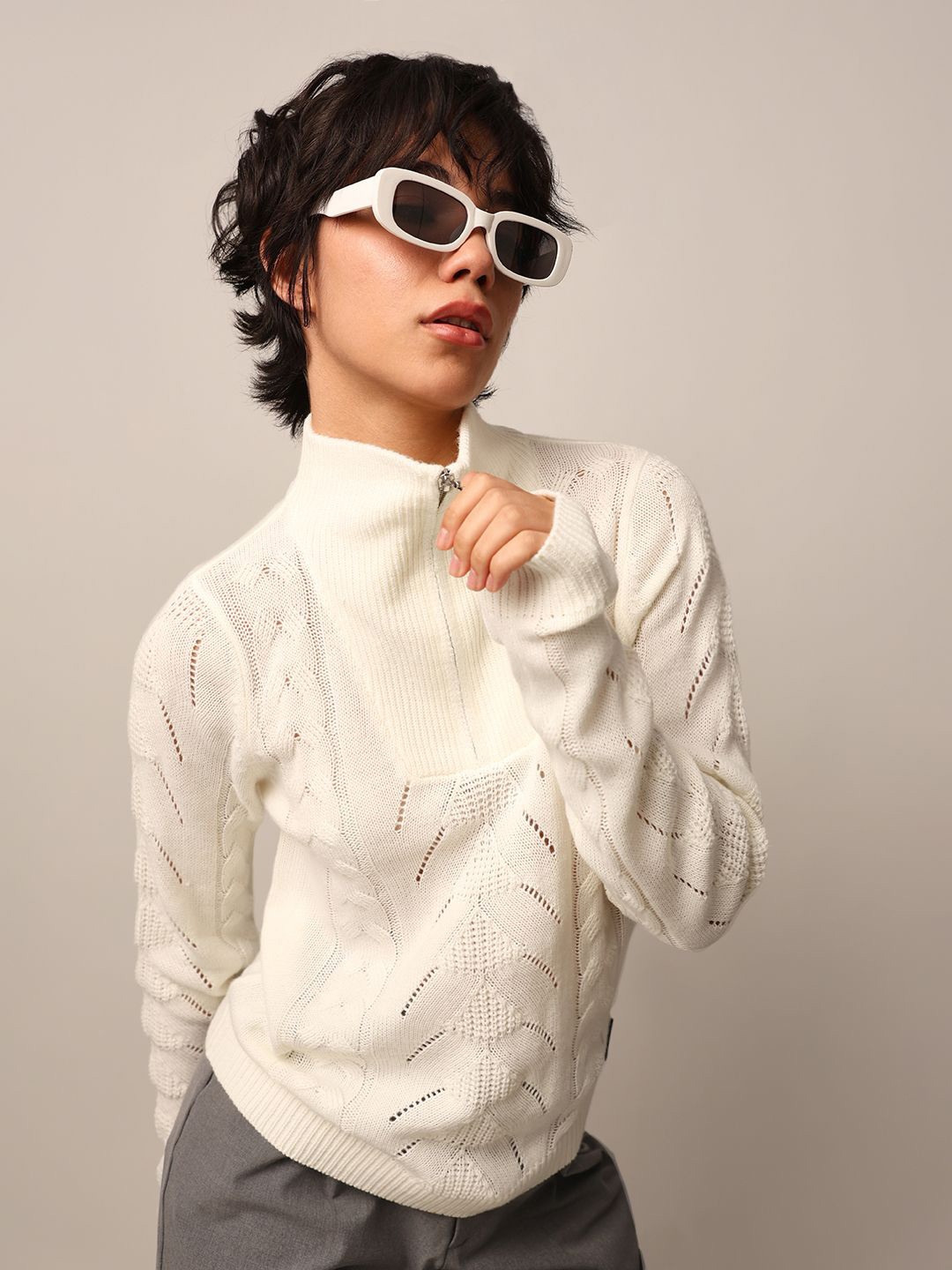 

ONLY Women Self Design Casual Sweaters with Zip Detail, White