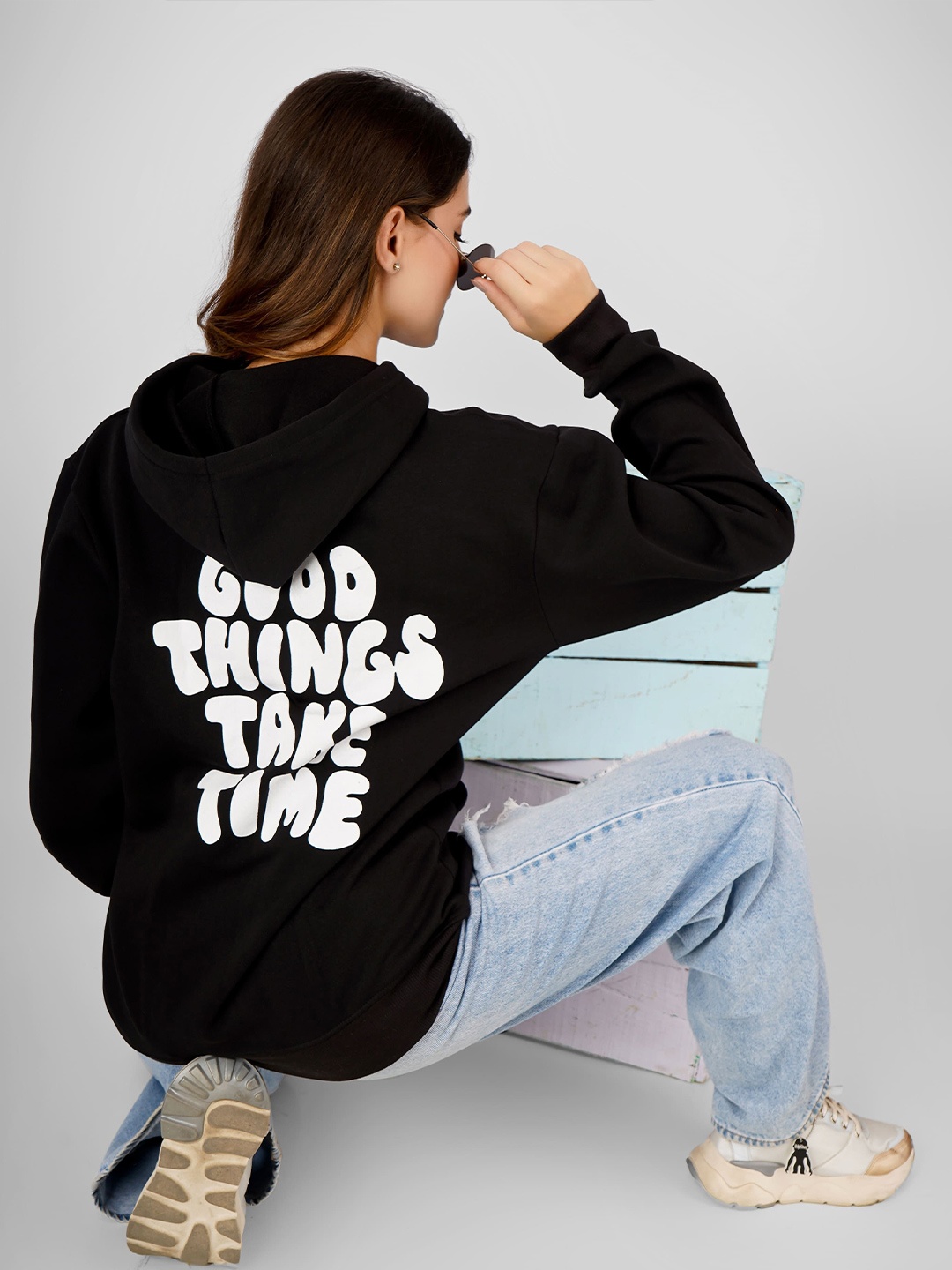 

MIMID Women Typography Printed Hooded Casual Sweatshirt, Black