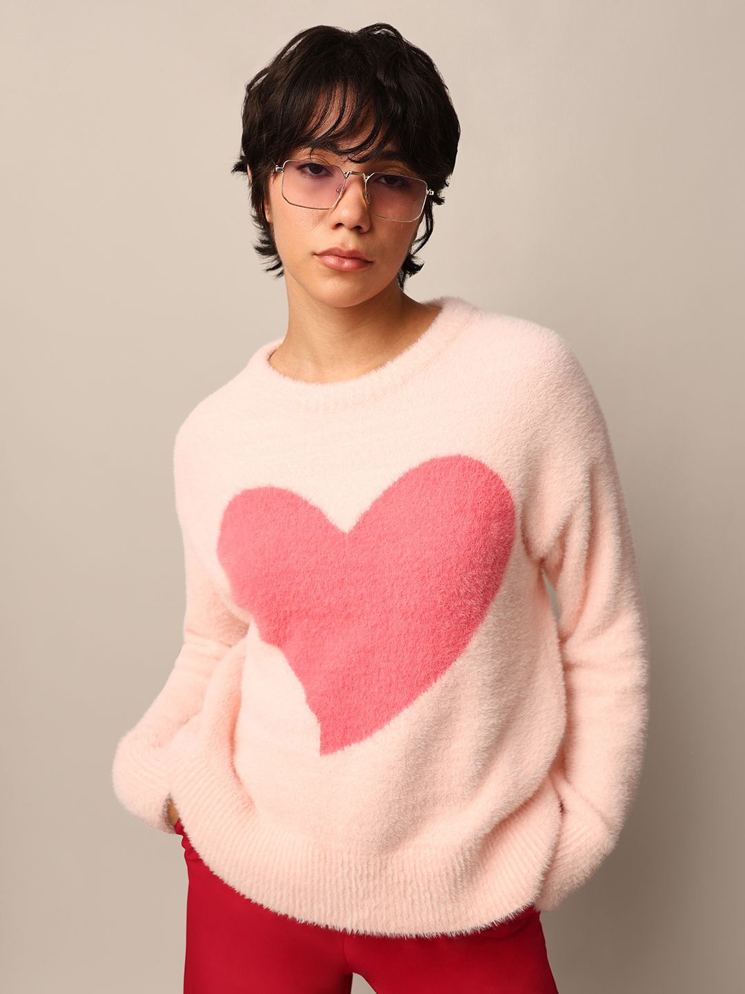 

ONLY Women Heart Print Woollen Pullover, Pink