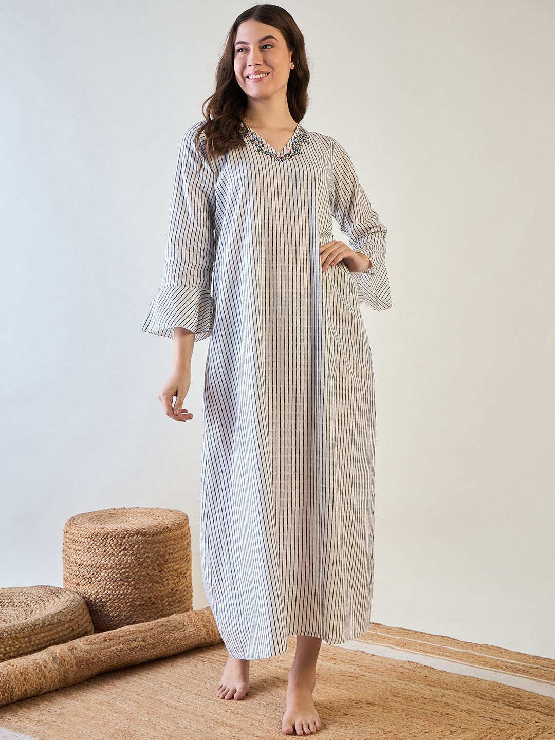 

The Kaftan Company Women Pure Cotton Striped Embroidered Maxi Nightdress, Beige