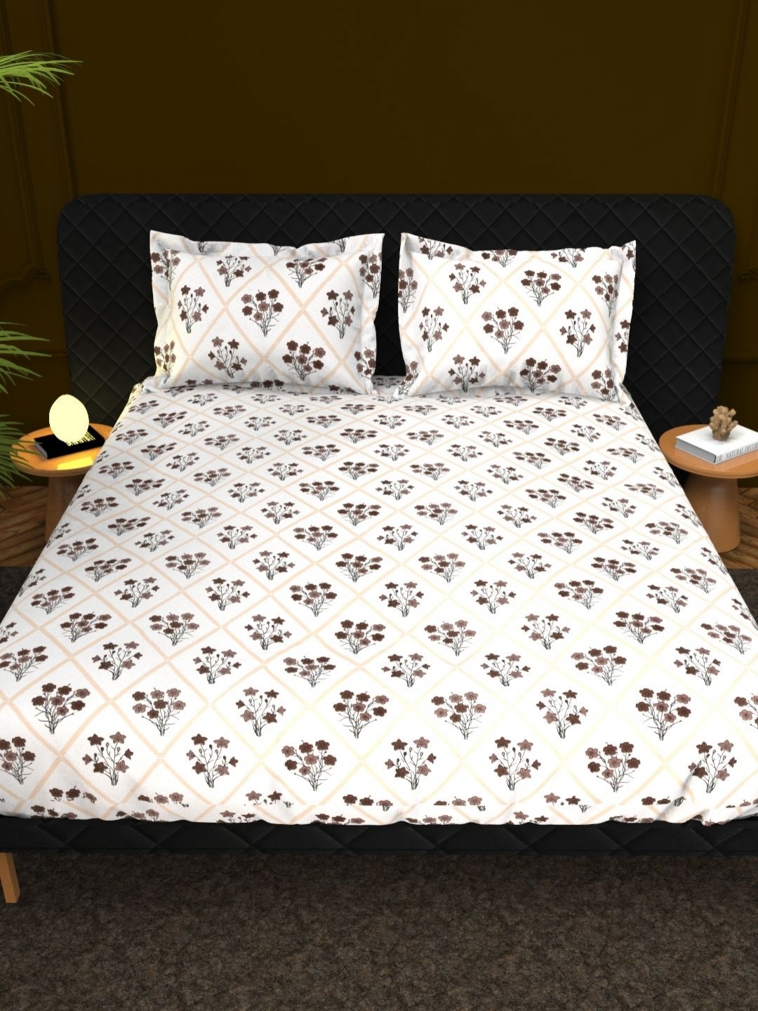 

THE WHITE MOSS White & Brown Floral Cotton 210 TC King Bedsheet Set 2.75 m x 2.75 m