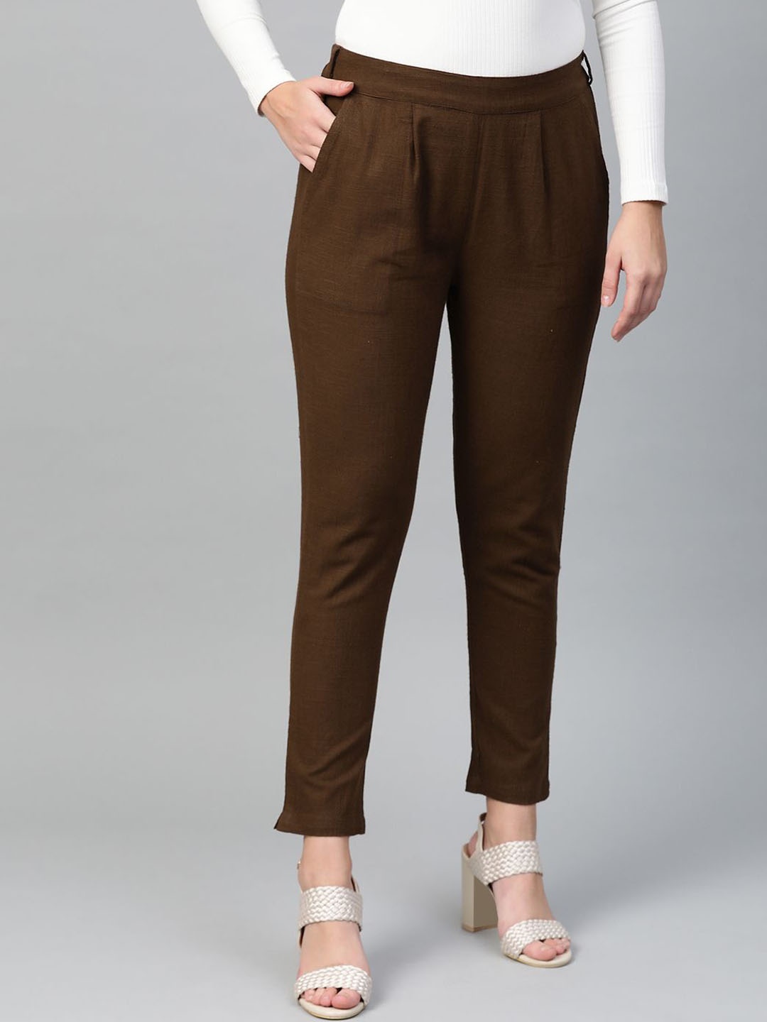 

YASH GALLERY Women Cotton Mid-Rise Regular Trousers, Brown