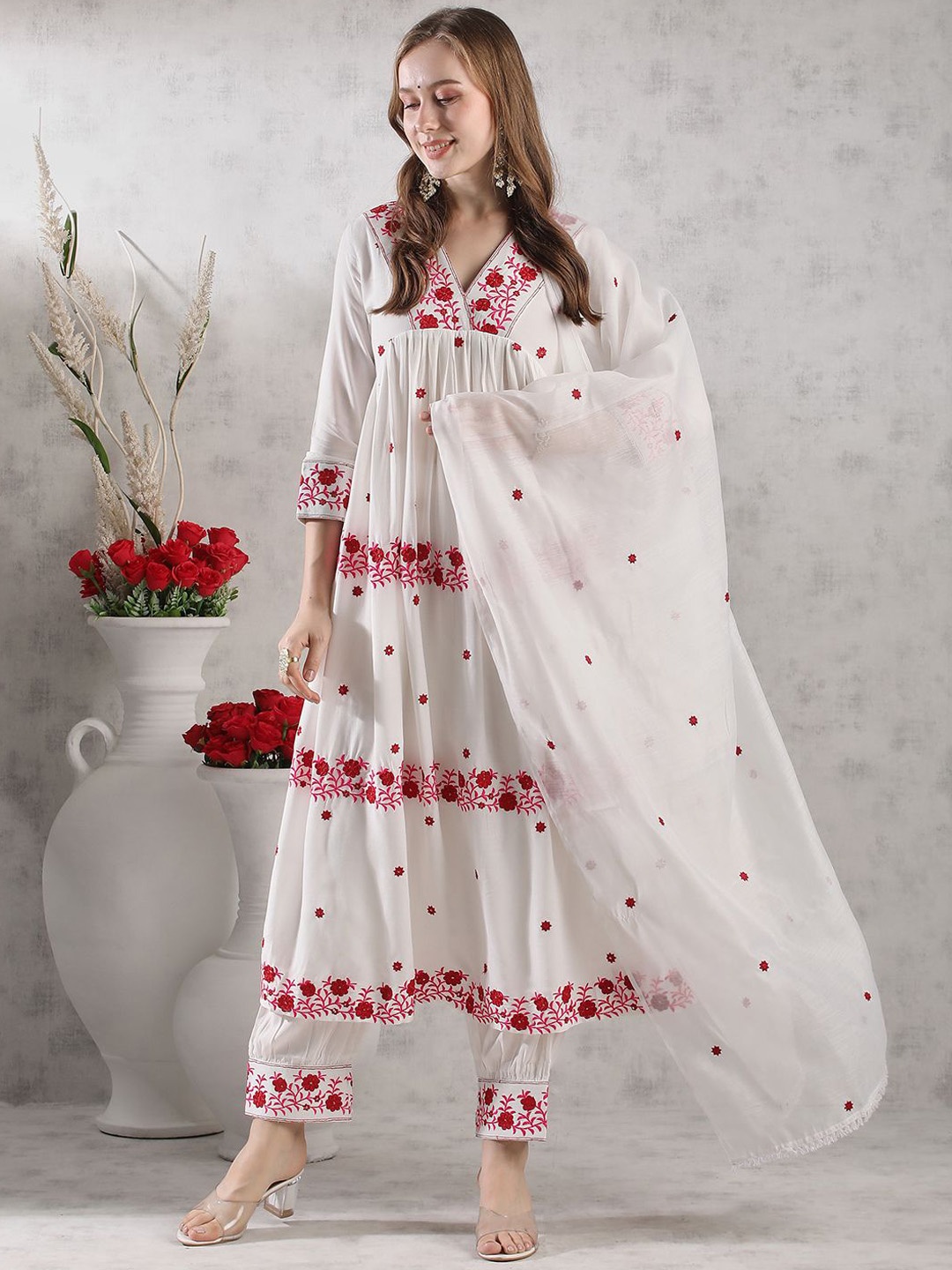 

KALINI Floral Embroidered Thread Work Anarkali Kurta With Salwar & Dupatta, Cream