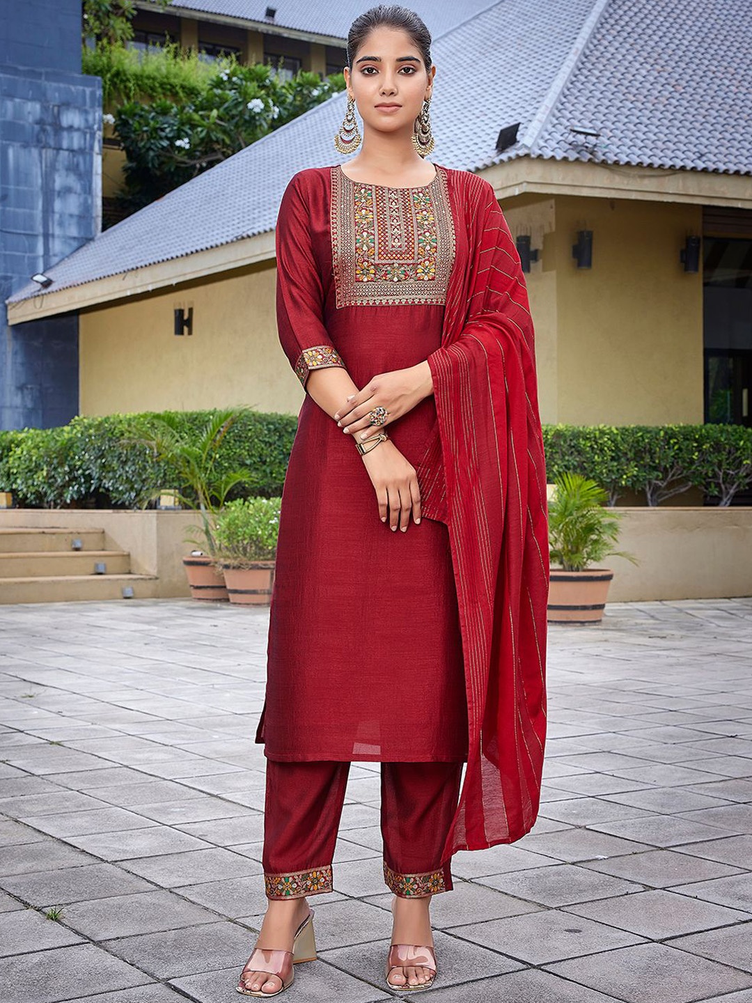 

Royal Export Yoke Design Thread Work Straight Kurta with Trousers & Dupatta, Red
