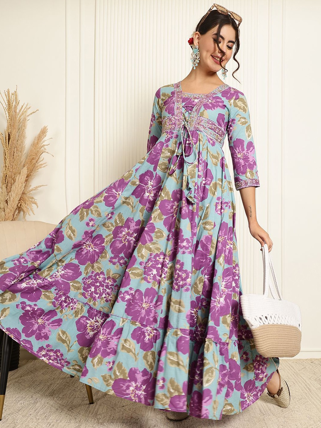 

GULMOHAR JAIPUR Women Floral Print Fit & Flare Maxi Dress, Blue
