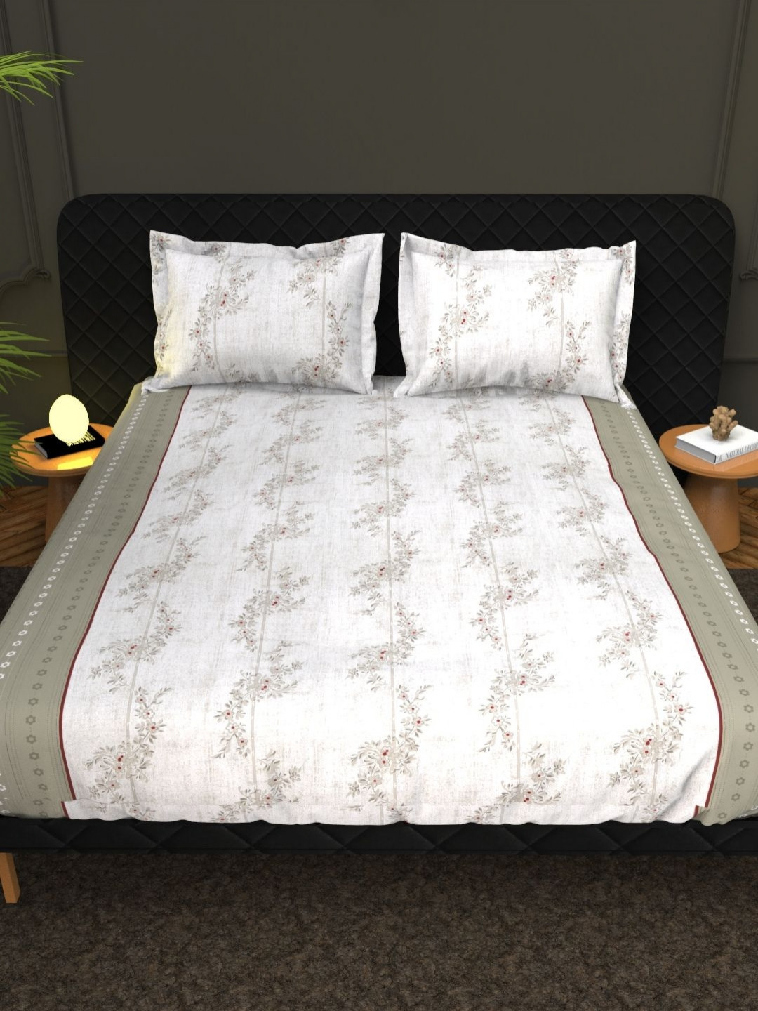 

THE WHITE MOSS White & Green Floral Cotton 210 TC King Bedsheet Set 2.75 m x 2.75 m