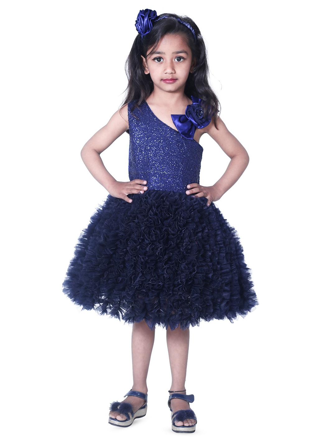 

Wish little Girls Net Embellished Fit and Flare Dress, Navy blue