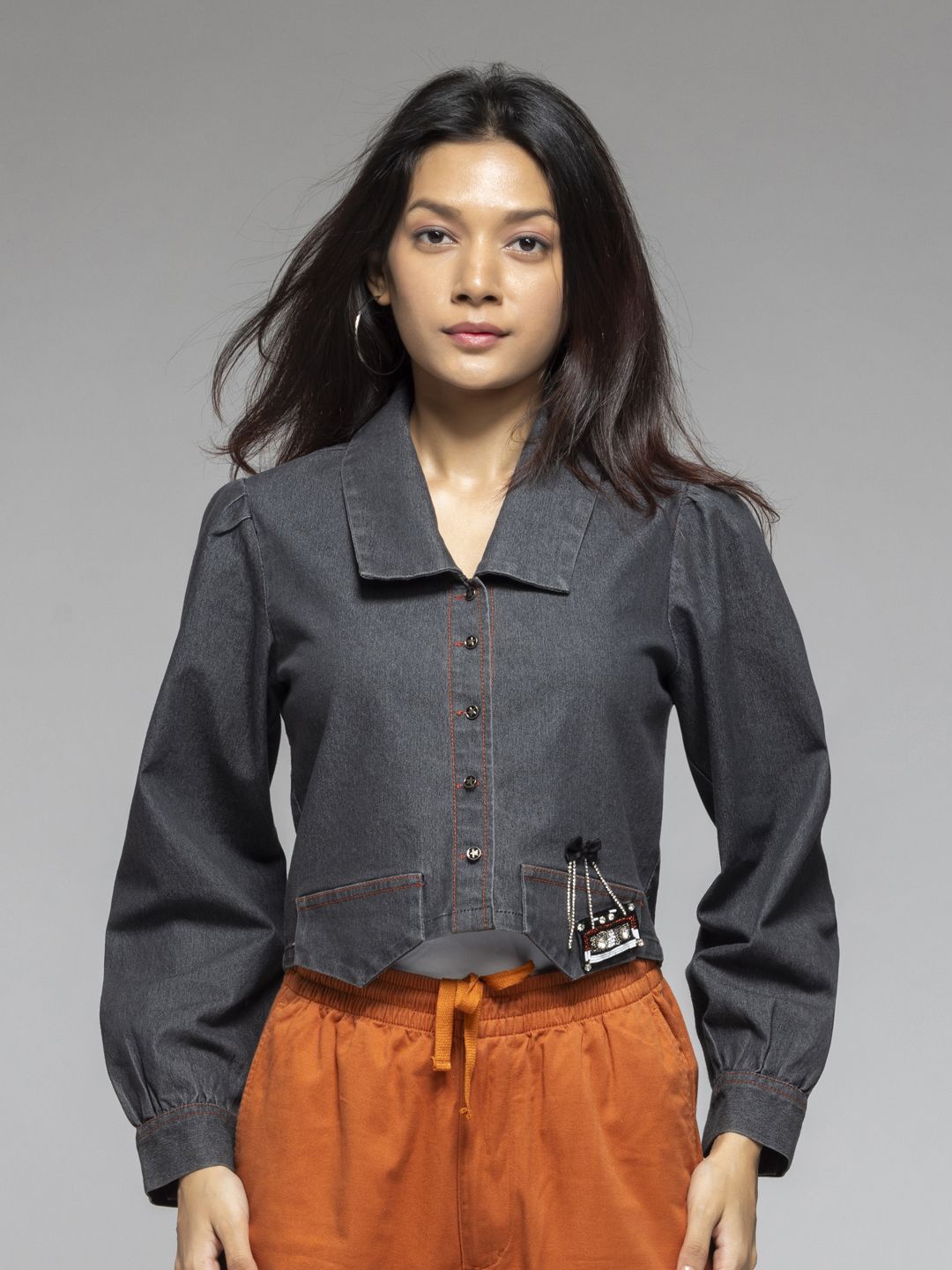 

SHAYE Women Smart Spread Collar Solid Denim Casual Shirt, Charcoal