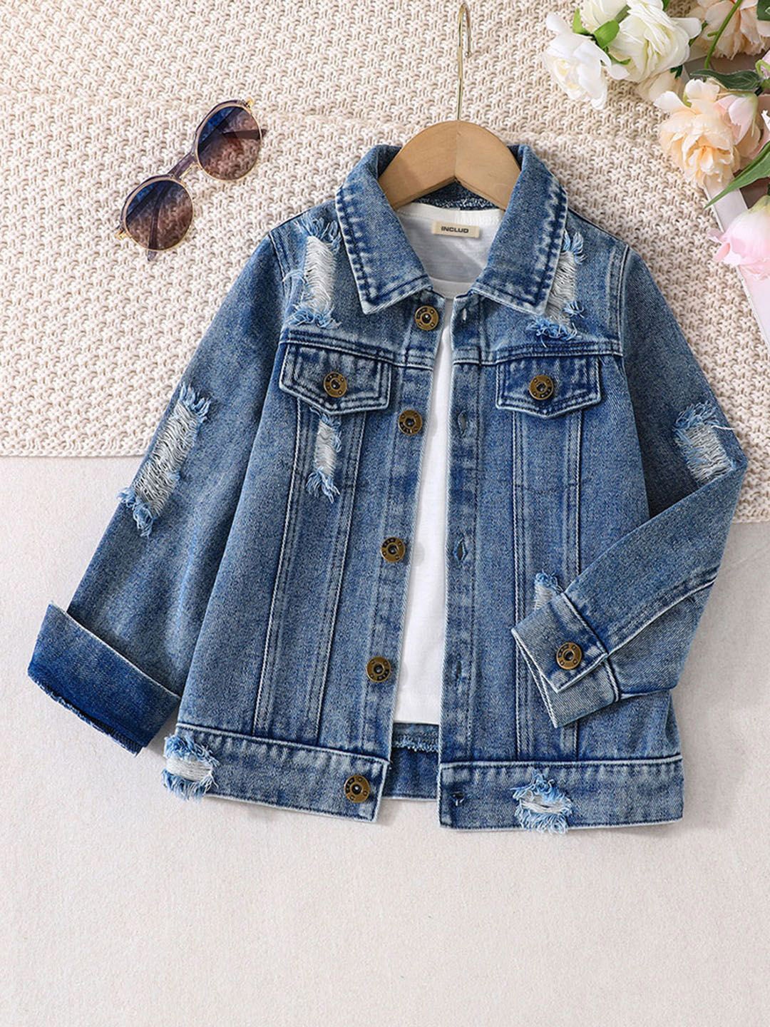 

INCLUD Girls Spread Collar Washed Self Design Casual Denim Jacket, Blue
