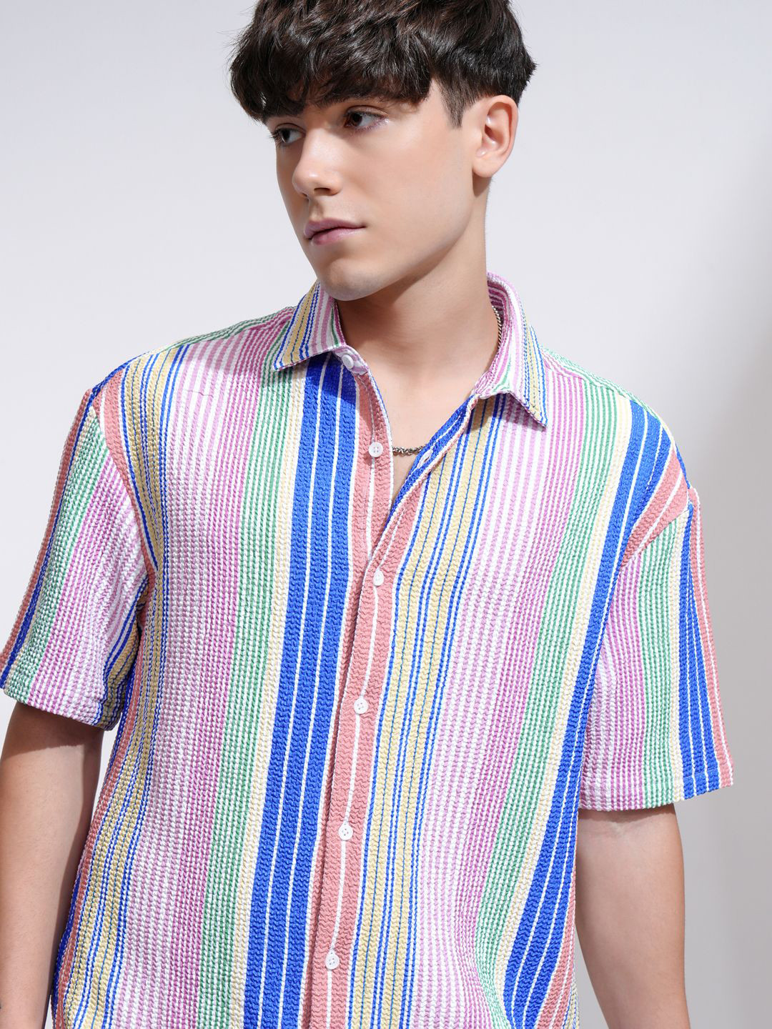 

Highlander Men Muicolor Popcorn Textured Printed Striped Casual Shirt, Multi