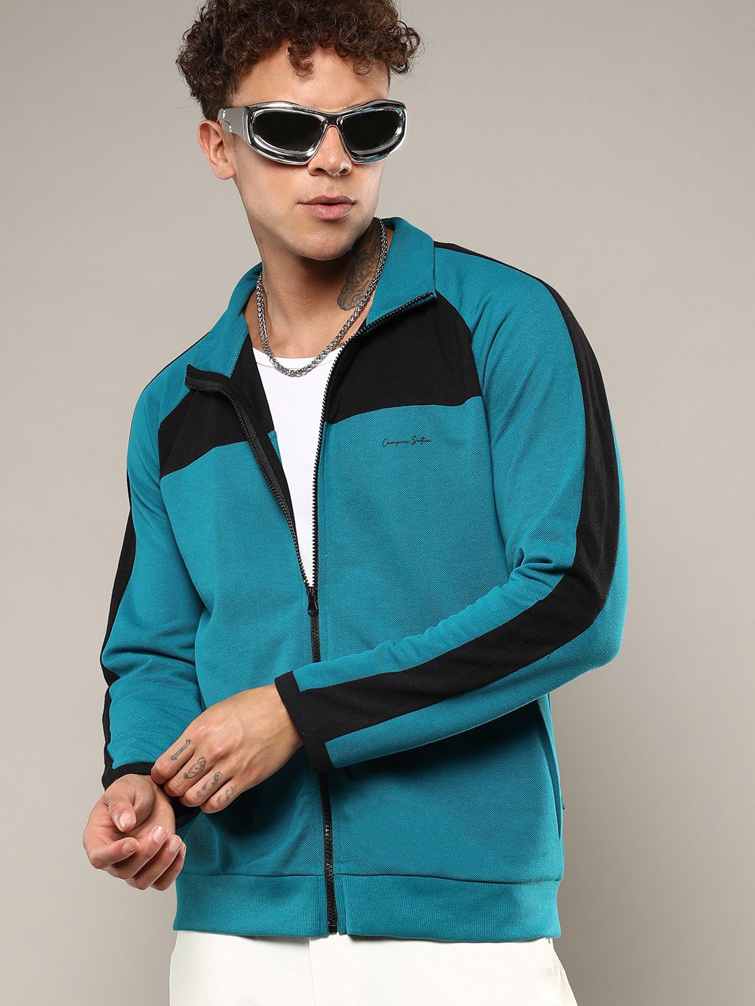 

Campus Sutra Men Mock Collar Colourblocked Cotton Casual Bomber Jacket, Teal