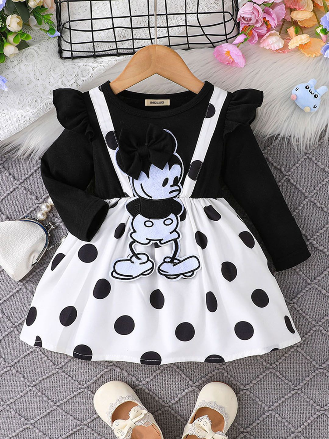 

INCLUD Girls Polka Dot Printed Fit & Flare Dress, Black
