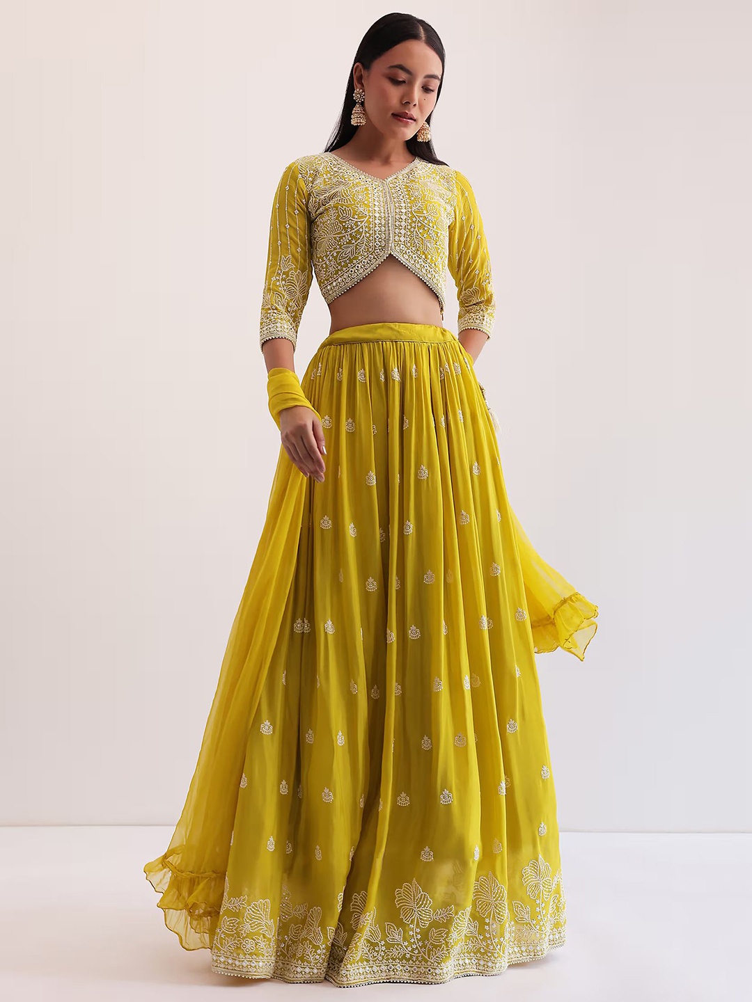 

FABPIXEL Embroidered Sequinned Semi Stitched Lehenga & Unstitched Blouse With Dupatta, Yellow